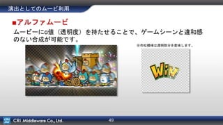 49
■アルファムービ
ムービーにα値（透明度）を持たせることで、ゲームシーンと違和感
のない合成が可能です。
演出としてのムービ利用
※市松模様は透明部分を意味します。
 