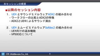 9
■以降のセッション内容
１．UE4 とサウンドミドルウェアADX2 の組み合わせ
- ワークフローの比較とADX2の特徴
- ADX2とUE4によるサウンド演出
２．UE4 とムービミドルウェアSofdec2 の組み合わせ
- UE4向けの追加機能
- VP9対応について
本セッションの概要
 