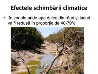 Efectele schimbării climatice
• în zonele aride apa dulce din râuri şi lacuri
va fi redusă în proporţie de 40-70%
 