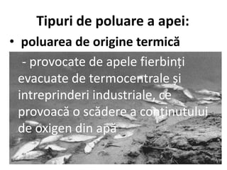 Tipuri de poluare a apei:
• poluarea de origine termică
- provocate de apele fierbinți
evacuate de termocentrale și
intreprinderi industriale, ce
provoacă o scădere a conținutului
de oxigen din apă
 