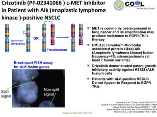Crizotinib (PF-02341066 ) c-MET inhibitor  in Patient with Alk ( anaplastic lymphoma  kinase ) -positive NSCLC ,[object Object],[object Object],[object Object],[object Object],Inamura K et al. J Thorac Oncol 2008;3:13–17  Soda M et al. Proc Natl Acad Sci U S A 2008;105:19893–19897  Chiarle R et al. Nat Rev Cancer 2008;8(1):11–23;  Mossé YP et al. Clin Cancer Res 2009;15(18):5609–5614 Shaw AT et al. J Clin Oncol 2009;27:4247–4253 ;  Inversion Translocation OR Break-apart FISH assay  for  ALK -fusion genes Non-split signal Split signal 