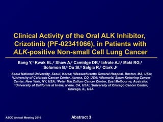 Clinical Activity of the Oral ALK Inhibitor,Clinical Activity of the Oral ALK Inhibitor,
Crizotinib (PF-02341066), in Patients withCrizotinib (PF-02341066), in Patients with
ALKALK-positive Non-small Cell Lung Cancer-positive Non-small Cell Lung Cancer
Bang Y,1
Kwak EL,2
Shaw A,2
Camidge DR,3
Iafrate AJ,2
Maki RG,4
Solomon B,5
Ou SI,6
Salgia R,7
Clark J2
1
Seoul National University, Seoul, Korea; 2
Massachusetts General Hospital, Boston, MA, USA;
3
University of Colorado Cancer Center, Aurora, CO, USA; 4
Memorial Sloan-Kettering Cancer
Center, New York, NY, USA; 5
Peter MacCallum Cancer Centre, East Melbourne, Australia;
6
University of California at Irvine, Irvine, CA, USA; 7
University of Chicago Cancer Center,
Chicago, IL, USA
Abstract 3ASCO Annual Meeting 2010
 