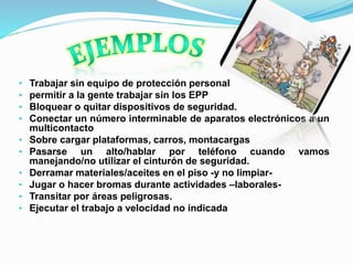 • Trabajar sin equipo de protección personal 
• permitir a la gente trabajar sin los EPP 
• Bloquear o quitar dispositivos de seguridad. 
• Conectar un número interminable de aparatos electrónicos a un 
multicontacto 
• Sobre cargar plataformas, carros, montacargas 
• Pasarse un alto/hablar por teléfono cuando vamos 
manejando/no utilizar el cinturón de seguridad. 
• Derramar materiales/aceites en el piso -y no limpiar- 
• Jugar o hacer bromas durante actividades –laborales- 
• Transitar por áreas peligrosas. 
• Ejecutar el trabajo a velocidad no indicada 
 