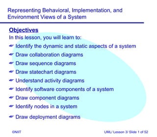 Representing Behavioral, Implementation, and
Environment Views of a System

Objectives
In this lesson, you will learn to:
 Identify the dynamic and static aspects of a system
 Draw collaboration diagrams
 Draw sequence diagrams
 Draw statechart diagrams
 Understand activity diagrams
 Identify software components of a system
 Draw component diagrams
 Identify nodes in a system
 Draw deployment diagrams

 ©NIIT                                 UML/ Lesson 3/ Slide 1 of 52
 