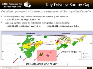 15
Key Drivers: Santoy Gap
SYSTEM REMAINS OPEN AT DEPTH
Excellent opportunity for resource expansion at Santoy Mine Complex
• 2014 underground drilling continues to demonstrate economic grades and widths
• SUG-14-038 – 26.77 g/t over 8.7 m
• Major step-out holes among the highest gram-metre product to date in the camp
• JOY-13-690 – 330.35 g/t over 1.6 m JOY-13-692 – 30.08 g/t over 7.9 m
2015 Drill Target
 