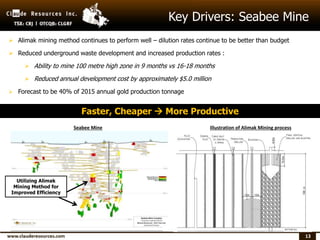 13
Key Drivers: Seabee Mine
Illustration of Alimak Mining process
 Alimak mining method continues to perform well – dilution rates continue to be better than budget
 Reduced underground waste development and increased production rates :
 Ability to mine 100 metre high zone in 9 months vs 16-18 months
 Reduced annual development cost by approximately $5.0 million
 Forecast to be 40% of 2015 annual gold production tonnage
Faster, Cheaper  More Productive
Utilizing Alimak
Mining Method for
Improved Efficiency
Seabee Mine
 