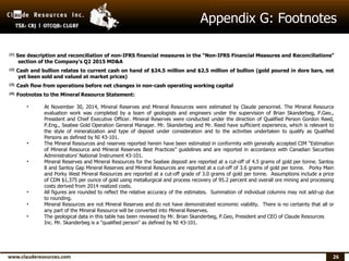 26
Appendix G: Footnotes
(1) See description and reconciliation of non-IFRS financial measures in the “Non-IFRS Financial Measures and Reconciliations”
section of the Company’s Q2 2015 MD&A
(2) Cash and bullion relates to current cash on hand of $24.5 million and $2.5 million of bullion (gold poured in dore bars, not
yet been sold and valued at market prices)
(3) Cash flow from operations before net changes in non-cash operating working capital
(4) Footnotes to the Mineral Resource Statement:
• At November 30, 2014, Mineral Reserves and Mineral Resources were estimated by Claude personnel. The Mineral Resource
evaluation work was completed by a team of geologists and engineers under the supervision of Brian Skanderbeg, P.Geo.,
President and Chief Executive Officer. Mineral Reserves were conducted under the direction of Qualified Person Gordon Reed,
P.Eng., Seabee Gold Operation General Manager. Mr. Skanderbeg and Mr. Reed have sufficient experience, which is relevant to
the style of mineralization and type of deposit under consideration and to the activities undertaken to qualify as Qualified
Persons as defined by NI 43-101.
• The Mineral Resources and reserves reported herein have been estimated in conformity with generally accepted CIM “Estimation
of Mineral Resource and Mineral Reserves Best Practices” guidelines and are reported in accordance with Canadian Securities
Administrators’ National Instrument 43-101.
• Mineral Reserves and Mineral Resources for the Seabee deposit are reported at a cut-off of 4.5 grams of gold per tonne. Santoy
8 and Santoy Gap Mineral Reserves and Mineral Resources are reported at a cut-off of 3.6 grams of gold per tonne. Porky Main
and Porky West Mineral Resources are reported at a cut-off grade of 3.0 grams of gold per tonne. Assumptions include a price
of CDN $1,375 per ounce of gold using metallurgical and process recovery of 95.2 percent and overall ore mining and processing
costs derived from 2014 realized costs.
• All figures are rounded to reflect the relative accuracy of the estimates. Summation of individual columns may not add-up due
to rounding.
• Mineral Resources are not Mineral Reserves and do not have demonstrated economic viability. There is no certainty that all or
any part of the Mineral Resource will be converted into Mineral Reserves.
• The geological data in this table has been reviewed by Mr. Brian Skanderbeg, P.Geo, President and CEO of Claude Resources
Inc. Mr. Skanderbeg is a "qualified person" as defined by NI 43-101.
 