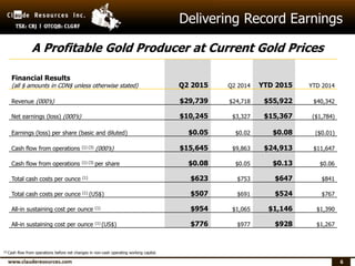 6
Delivering Record Earnings
(3) Cash flow from operations before net changes in non-cash operating working capital.
Financial Results
(all $ amounts in CDN$ unless otherwise stated) Q2 2015 Q2 2014 YTD 2015 YTD 2014
Revenue (000’s) $29,739 $24,718 $55,922 $40,342
Net earnings (loss) (000’s) $10,245 $3,327 $15,367 ($1,784)
Earnings (loss) per share (basic and diluted) $0.05 $0.02 $0.08 ($0.01)
Cash flow from operations (1) (3) (000’s) $15,645 $9,863 $24,913 $11,647
Cash flow from operations (1) (3) per share $0.08 $0.05 $0.13 $0.06
Total cash costs per ounce (1) $623 $753 $647 $841
Total cash costs per ounce (1) (US$) $507 $691 $524 $767
All-in sustaining cost per ounce (1) $954 $1,065 $1,146 $1,390
All-in sustaining cost per ounce (1) (US$) $776 $977 $928 $1,267
A Profitable Gold Producer at Current Gold Prices
 