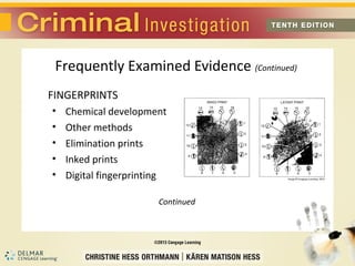 Frequently Examined Evidence (Continued) 
FINGERPRINTS 
• Chemical development 
• Other methods 
• Elimination prints 
• Inked prints 
• Digital fingerprinting 
Continued 
 