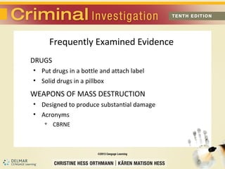 Frequently Examined Evidence 
DRUGS 
• Put drugs in a bottle and attach label 
• Solid drugs in a pillbox 
WEAPONS OF MASS DESTRUCTION 
• Designed to produce substantial damage 
• Acronyms 
 CBRNE 
 