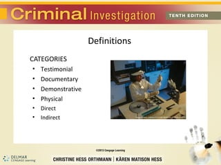 CATEGORIES 
• Testimonial 
• Documentary 
• Demonstrative 
• Physical 
• Direct 
• Indirect 
Definitions 
 