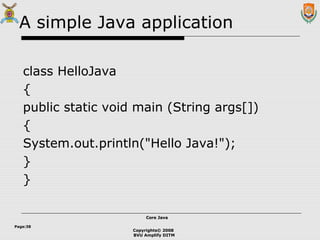 Copyrights© 2008
BVU Amplify DITM
Core JavaCore Java
Page:38
A simple Java application
class HelloJava
{
public static void main (String args[])
{
System.out.println("Hello Java!");
}
}
 