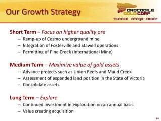 Our Growth Strategy
                                                    TSX:CRK OTCQX: CROCF



 Short Term – Focus on higher quality ore
    – Ramp-up of Cosmo underground mine
    – Integration of Fosterville and Stawell operations
    – Permitting of Pine Creek (International Mine)

 Medium Term – Maximize value of gold assets
    – Advance projects such as Union Reefs and Maud Creek
    – Assessment of expanded land position in the State of Victoria
    – Consolidate assets

 Long Term – Explore
    – Continued investment in exploration on an annual basis
    – Value creating acquisition
                                                                       14
 