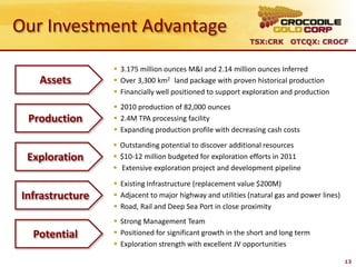 Our Investment Advantage
                                                            TSX:CRK OTCQX: CROCF


                   3.175 million ounces M&I and 2.14 million ounces Inferred
    Assets         Over 3,300 km2 land package with proven historical production
                   Financially well positioned to support exploration and production
                   2010 production of 82,000 ounces
  Production       2.4M TPA processing facility
                   Expanding production profile with decreasing cash costs
                   Outstanding potential to discover additional resources
  Exploration      $10-12 million budgeted for exploration efforts in 2011
                   Extensive exploration project and development pipeline

                   Existing Infrastructure (replacement value $200M)
 Infrastructure    Adjacent to major highway and utilities (natural gas and power lines)
                   Road, Rail and Deep Sea Port in close proximity
                   Strong Management Team
   Potential       Positioned for significant growth in the short and long term
                   Exploration strength with excellent JV opportunities

                                                                                            13
 
