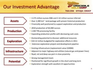 Our Investment Advantage
                                                            TSX:CRK OTCQX: CROCF


                   3.175 million ounces M&I and 2.14 million ounces Inferred
    Assets         Over 3,300 km2 land package with proven historical production
                   Financially well positioned to support exploration and production
                   2010 production of 82,000 ounces
  Production       2.4M TPA processing facility
                   Expanding production profile with decreasing cash costs
                   Outstanding potential to discover additional resources
  Exploration      $10-12 million budgeted for exploration efforts in 2011
                   Extensive exploration project and development pipeline

                   Existing infrastructure (replacement value $200M)
 Infrastructure    Adjacent to major highway and utilities (natural gas and power lines)
                   Road, rail and deep sea port in close proximity
                   Strong management team
   Potential       Positioned for significant growth in the short and long term
                   Exploration strength with excellent JV opportunities

                                                                                            2
 