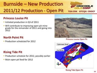 Burnside – New Production
2011/12 Production - Open Pit                        TSX:CRK OTCQX: CROCF


Princess Louise Pit
 Initiated production in Q3 of 2011
 Will contribute to improving open pit mine
  grade for the remainder of 2011 and going into
  2012


North Point Pit                                    Princess Louise Open Pit
 Production scheduled for 2012



Rising Tide Pit
 Production schedule for 2012, possibly earlier
 Main open pit feed for 2012



                                                   Rising Tide Open Pit
                                                                              20
 