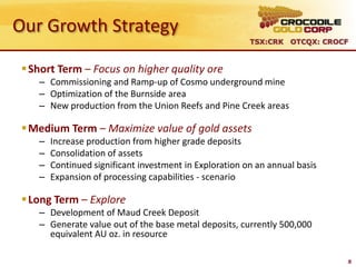 Our Growth Strategy
                                                         TSX:CRK OTCQX: CROCF



  Short Term – Focus on higher quality ore
    – Commissioning and Ramp-up of Cosmo underground mine
    – Optimization of the Burnside area
    – New production from the Union Reefs and Pine Creek areas

  Medium Term – Maximize value of gold assets
    –   Increase production from higher grade deposits
    –   Consolidation of assets
    –   Continued significant investment in Exploration on an annual basis
    –   Expansion of processing capabilities - scenario

  Long Term – Explore
    – Development of Maud Creek Deposit
    – Generate value out of the base metal deposits, currently 500,000
      equivalent AU oz. in resource

                                                                             8
 
