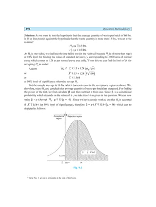 194 Research Methodology
Solution: As we want to test the hypothesis that the average quantity of waste per batch of 60 lbs.
is 15 or less pounds against the hypothesis that the waste quantity is more than 15 lbs., we can write
as under:
H0 15
: lbs.
µ <
Ha : lbs.
µ > 15
As Ha
is one-sided, we shall use the one-tailed test (in the right tail because Ha
is of more than type)
at 10% level for finding the value of standard deviate (z), corresponding to .4000 area of normal
curve which comes to 1.28 as per normal curve area table.*
From this we can find the limit of µ for
accepting H0
as under:
Accept H X n
p
0 15 128
if ( )
< + . /
α
or X < +
15 128 5 100
. /
e j
or X < 1564
.
at 10% level of significance otherwise accept Ha
.
But the sample average is 16 lbs. which does not come in the acceptance region as above. We,
therefore, reject H0
and conclude that average quantity of waste per batch has increased. For finding
the power of the test, we first calculate β and then subtract it from one. Since β is a conditional
probability which depends on the value of µ , we take it as 16 as given in the question. We can now
write β = p (Accept : )
H0 15 16
µ µ
< = . Since we have already worked out that H0
is accepted
if X < 1564
. (at 10% level of significance), therefore β µ
= < =
p X
( )
1564 16
. which can be
depicted as follows:
Fig. 9.5
*
Table No. 1. given in appendix at the end of the book.
m = 16
X = 1564
.
b = 0 2358
.
Rejection region
Acceptance
region
1 0 7642
- =
b
b g .
 
