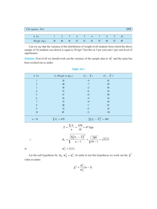 Chi-square Test 235
S. No. 1 2 3 4 5 6 7 8 9 10
Weight (kg.) 38 40 45 53 47 43 55 48 52 49
Can we say that the variance of the distribution of weight of all students from which the above
sample of 10 students was drawn is equal to 20 kgs? Test this at 5 per cent and 1 per cent level of
significance.
Solution: First of all we should work out the variance of the sample data or σs
2
and the same has
been worked out as under:
Table 10.1
S. No. Xi
(Weight in kgs.) (Xi
– X ) (Xi
– X )2
1 38 –9 81
2 40 –7 49
3 45 –2 04
4 53 +6 36
5 47 +0 00
6 43 –4 16
7 55 +8 64
8 48 +1 01
9 52 +5 25
10 49 +2 04
n = 10 ∑ =
Xi 470 ∑ − =
X X
i
d i2
280
X
X
n
i
=
∑
= =
470
10
47 kgs.
∴ σs
i
X X
n
=
∑ −
−
=
−
=
d i2
1
280
10 1
3111
.
or σs
2
3111
= . .
Let the null hypothesis be H p s
0
2 2
: σ σ
= . In order to test this hypothesis we work out the χ2
value as under:
χ
σ
σ
2
2
2
1
= −
s
p
n
b g
 
