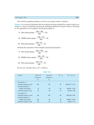 Chi-square Test 243
Show that the sampling technique of at least one research worker is defective.
Solution: Let us take the hypothesis that the sampling techniques adopted by research workers are
similar (i.e., there is no difference between the techniques adopted by research workers). This being
so, the expectation of A investigator classifying the people in
(i) Poor income group =
200 300
×
=
500
120
(ii) Middle income group =
200 150
×
=
500
60
(iii) Rich income group =
200 50
×
=
500
20
Similarly the expectation of B investigator classifying the people in
(i) Poor income group =
300 300
×
=
500
180
(ii) Middle income group =
300 150
×
=
500
90
(iii) Rich income group =
300 50
×
=
500
30
We can now calculate value of χ2
as follows:
Table 10.6
Groups Observed Expected Oij
– Eij
(Oij
– Eij
)2
Eij
frequency frequency
Oij
Eij
Investigator A
classifies people as poor 160 120 40 1600/120=13.33
classifies people as
middle class people 30 60 –30 900/60=15.00
classifies people as rich 10 20 –10 100/20=5.00
Investigator B
classifies people as poor 140 180 –40 1600/180=8.88
classifies people as
middle class people 120 90 30 900/90=10.00
classifies people as rich 40 30 10 100/30=3.33
 