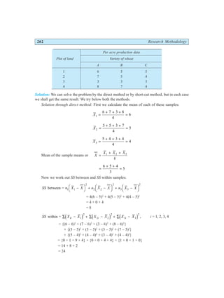 262 Research Methodology
Per acre production data
Plot of land Variety of wheat
A B C
1 6 5 5
2 7 5 4
3 3 3 3
4 8 7 4
Solution: We can solve the problem by the direct method or by short-cut method, but in each case
we shall get the same result. We try below both the methods.
Solution through direct method: First we calculate the mean of each of these samples:
X1
6 7 3 8
4
6
=
+ + +
=
X2
5 5 3 7
4
5
=
+ + +
=
X3
5 4 3 4
4
4
=
+ + +
=
Mean of the sample means or X
X X X
k
=
+ +
1 2 3
=
+ +
=
6 5 4
3
5
Now we work out SS between and SS within samples:
SS n X X n X X n X X
between = 1 2 3
1
2
2
2
3
2
−
FH IK + −
FH IK + −
FH IK
= 4(6 – 5)2
+ 4(5 – 5)2
+ 4(4 – 5)2
= 4 + 0 + 4
= 8
SS X X X X X X
i i i
within = ∑ − + ∑ − + ∑ −
1 1
2
2 2
2
3 3
2
d i d i d i , i = 1, 2, 3, 4
= {(6 – 6)2
+ (7 – 6)2
+ (3 – 6)2
+ (8 – 6)2
}
+ {(5 – 5)2
+ (5 – 5)2
+ (3 – 5)2
+ (7 – 5)2
}
+ {(5 – 4)2
+ (4 – 4)2
+ (3 – 4)2
+ (4 – 4)2
}
= {0 + 1 + 9 + 4} + {0 + 0 + 4 + 4} + {1 + 0 + 1 + 0}
= 14 + 8 + 2
= 24
 