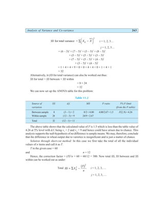 Analysis of Variance and Co-variance 263
SS X X
ij
for total variance = ∑ −
FH IK
2
i = 1, 2, 3…
j = 1, 2, 3…
= (6 – 5)2
+ (7 – 5)2
+ (3 – 5)2
+ (8 – 5)2
+ (5 – 5)2
+ (5 – 5)2
+ (3 – 5)2
+ (7 – 5)2
+ (5 – 5)2
+ (4 – 5)2
+ (3 – 5)2
+ (4 – 5)2
= 1 + 4 + 4 + 9 + 0 + 0 + 4 + 4 + 0 + 1 + 4 + 1
= 32
Alternatively, it (SS for total variance) can also be worked out thus:
SS for total = SS between + SS within
= 8 + 24
= 32
We can now set up the ANOVA table for this problem:
Table 11.2
Source of SS d.f. MS F-ratio 5% F-limit
variation (from the F-table)
Between sample 8 (3 – 1) = 2 8/2 = 4.00 4.00/2.67=1.5 F(2,9)=4.26
Within sample 24 (12 – 3) = 9 24/9=2.67
Total 32 (12 – 1) = 11
The above table shows that the calculated value of F is 1.5 which is less than the table value of
4.26 at 5% level with d.f. being v1
= 2 and v2
= 9 and hence could have arisen due to chance. This
analysis supports the null-hypothesis of no difference is sample means. We may, therefore, conclude
that the difference in wheat output due to varieties is insignificant and is just a matter of chance.
Solution through short-cut method: In this case we first take the total of all the individual
values of n items and call it as T.
T in the given case = 60
and n = 12
Hence, the correction factor = (T)2
/n = 60 × 60/12 = 300. Now total SS, SS between and SS
within can be worked out as under:
Total SS X
T
n
ij
= ∑ −
2
2
b g i = 1, 2, 3, …
j = 1, 2, 3, …
 
