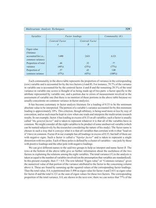 Multivariate Analysis Techniques 329
Variables Factor loadings Communality (h2
)
Centroid Factor Centroid Factor
A B
Eigen value
(Variance
accounted for i.e., 3.490 2.631 6.121
common variance)
Proportion of total .44 .33 .77
variance (44%) (33%) (77%)
Proportion of .57 .43 1.00
common variance (57%) (43%) (100%)
Each communality in the above table represents the proportion of variance in the corresponding
(row) variable and is accounted for by the two factors (A and B). For instance, 79.7% of the variance
in variable one is accounted for by the centroid factor A and B and the remaining 20.3% of the total
variance in variable one scores is thought of as being made up of two parts: a factor specific to the
attribute represented by variable one, and a portion due to errors of measurement involved in the
assessment of variable one (but there is no mention of these portions in the above table because we
usually concentrate on common variance in factor analysis).
It has become customary in factor analysis literature for a loading of 0.33 to be the minimum
absolute value to be interpreted. The portion of a variable’s variance accounted for by this minimum
loading is approximately 10%. This criterion, though arbitrary, is being used more or less by way of
convention, and as such must be kept in view when one reads and interprets the multivariate research
results. In our example, factor A has loading in excess of 0.33 on all variables; such a factor is usually
called “the general factor” and is taken to represent whatever it is that all of the variables have in
common. We might consider all the eight variables to be product of some unobserved variable (which
can be named subjectively by the researcher considering the nature of his study). The factor name is
chosen in such a way that it conveys what it is that all variables that correlate with it (that “load on
it”) have in common. Factor B in our example has all loadings in excess of 0.33, but half of them are
with negative signs. Such a factor is called a “bipolar factor” and is taken to represent a single
dimension with two poles. Each of these poles is defined by a cluster of variables—one pole by those
with positive loadings and the other pole with negative loadings.
We can give different names to the said two groups to help us interpret and name factor B. The
rows at the bottom of the above table give us further information about the usefulness of the two
factors in explaining the relations among the eight variables. The total variance (V) in the analysis is
taken as equal to the number of variables involved (on the presumption that variables are standardized).
In this present example, then V = 8.0. The row labeled “Eigen value” or “Common variance” gives
the numerical value of that portion of the variance attributed to the factor in the concerning column
above it. These are found by summing up the squared values of the corresponding factor loadings.
Thus the total value, 8.0, is partitioned into 3.490 as eigen value for factor A and 2.631 as eigen value
for factor B and the total 6.121 as the sum of eigen values for these two factors. The corresponding
proportion of the total variance, 8.0, are shown in the next row; there we can notice that 77% of the
 