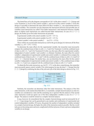 Research Design 51
The dotted line cell in the diagram corresponds to Cell 1 of the above stated 2 × 2 × 2 design and
is for Treatment A, level I of the control variable 1, and level I of the control variable 2. From this
design it is possible to determine the main effects for three variables i.e., one experimental and two
control variables. The researcher can also determine the interactions between each possible pair of
variables (such interactions are called ‘First Order interactions’) and interaction between variable
taken in triplets (such interactions are called Second Order interactions). In case of a 2 × 2 × 2
design, the further given first order interactions are possible:
Experimental variable with control variable 1 (or EV × CV 1);
Experimental variable with control variable 2 (or EV × CV 2);
Control variable 1 with control variable 2 (or CV1 × CV2);
Three will be one second order interaction as well in the given design (it is between all the three
variables i.e., EV × CV1 × CV2).
To determine the main effects for the experimental variable, the researcher must necessarily
compare the combined mean of data in cells 1, 2, 3 and 4 for Treatment A with the combined mean
of data in cells 5, 6, 7 and 8 for Treatment B. In this way the main effect for experimental variable,
independent of control variable 1 and variable 2, is obtained. Similarly, the main effect for control
variable 1, independent of experimental variable and control variable 2, is obtained if we compare the
combined mean of data in cells 1, 3, 5 and 7 with the combined mean of data in cells 2, 4, 6 and 8 of
our 2 × 2 × 2 factorial design. On similar lines, one can determine the main effect for the control
variable 2 independent of experimental variable and control variable 1, if the combined mean of data
in cells 1, 2, 5 and 6 are compared with the combined mean of data in cells 3, 4, 7 and 8.
To obtain the first order interaction, say, for EV × CV1 in the above stated design, the researcher
must necessarily ignore control variable 2 for which purpose he may develop 2 × 2 design from the
2 × 2 × 2 design by combining the data of the relevant cells of the latter design as shown in Fig. 3.15.
Fig. 3.15
Similarly, the researcher can determine other first order interactions. The analysis of the first
order interaction, in the manner described above, is essentially a sample factorial analysis as only two
variables are considered at a time and the remaining one is ignored. But the analysis of the second
order interaction would not ignore one of the three independent variables in case of a 2 × 2 × 2
design. The analysis would be termed as a complex factorial analysis.
It may, however, be remembered that the complex factorial design need not necessarily be of
2 × 2 × 2 type design, but can be generalised to any number and combination of experimental and
control independent variables. Of course, the greater the number of independent variables included
in a complex factorial design, the higher the order of the interaction analysis possible. But the overall
task goes on becoming more and more complicated with the inclusion of more and more independent
variables in our design.
Experimental Variables
Treatment A Treatment B
Control
Variable 1
Cells 1, 3
Cells 2, 4
Cells 5, 7
Cells 6, 8
Level I
Level II
 