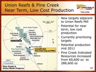 Union Reefs & Pine Creek
Near Term, Low Cost Production        TSX:CRK


                        New targets adjacent
                         to Union Reefs Mill
                        Potential for near
                         term, low cost
                         production
                        Currently prioritizing
                         targets
                        Potential production
                         mid 2011
                        Pine Creek Indicated
                         Resources increased
                         from 69,600 oz to
                         288,600 oz
                                                18
 