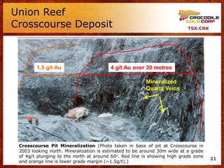 Union Reef
Crosscourse Deposit                                                       TSX:CRK




        1.5 g/t Au                      4 g/t Au over 30 metres

                                                        Mineralized
                                                        Quartz Veins




 Crosscourse Pit Mineralization (Photo taken in base of pit at Crosscourse in
 2003 looking north. Mineralization is estimated to be around 30m wide at a grade
 of 4g/t plunging to the north at around 60o. Red line is showing high grade zone
                                                                                    21
 and orange line is lower grade margin (~1.5g/t).)
 