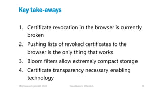 Klassifikation: Öffentlich 15
Key take-aways
1. Certificate revocation in the browser is currently
broken
2. Pushing lists...