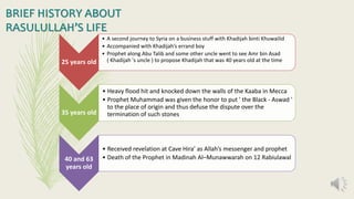 25 years old
• A second journey to Syria on a business stuff with Khadijah binti Khuwailid
• Accompanied with Khadijah’s errand boy
• Prophet along Abu Talib and some other uncle went to see Amr bin Asad
( Khadijah 's uncle ) to propose Khadijah that was 40 years old at the time
35 years old
• Heavy flood hit and knocked down the walls of the Kaaba in Mecca
• Prophet Muhammad was given the honor to put ' the Black - Aswad '
to the place of origin and thus defuse the dispute over the
termination of such stones
40 and 63
years old
• Received revelation at Cave Hira’ as Allah’s messenger and prophet
• Death of the Prophet in Madinah Al–Munawwarah on 12 Rabiulawal
BRIEF HISTORY ABOUT
RASULULLAH’S LIFE
 