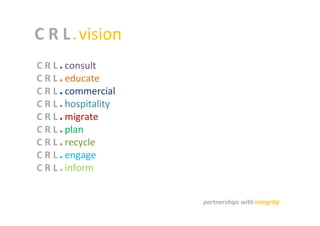C R L vision
CRL   consult
CRL   educate
CRL   commercial
CRL   hospitality
CRL   migrate
CRL   plan
CRL   recycle
CRL   engage
CRL   inform


                    partnerships with integrity
 