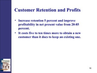 Customer Retention and Profits  Increase retention 5 percent and improve profitability in net present value from 20-85 percent. It costs five to ten times more to obtain a new customer than it does to keep an existing one.  