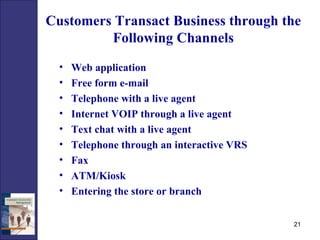 Customers Transact Business through the Following Channels Web application Free form e-mail Telephone with a live agent Internet VOIP through a live agent Text chat with a live agent Telephone through an interactive VRS Fax ATM/Kiosk Entering the store or branch 