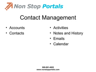 Contact Management Accounts Contacts Activities Notes and History Emails Calendar 