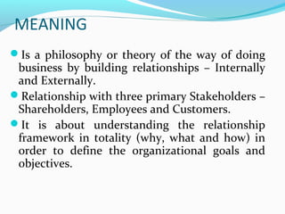 MEANING
Is a philosophy or theory of the way of doing

business by building relationships – Internally
and Externally.
Relationship with three primary Stakeholders –
Shareholders, Employees and Customers.
It is about understanding the relationship
framework in totality (why, what and how) in
order to define the organizational goals and
objectives.

 