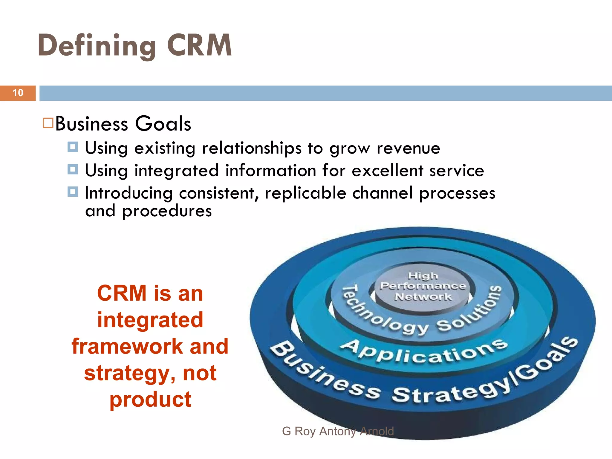 Defining CRM Business Goals Using existing relationships to grow revenue Using integrated information for excellent service Introducing consistent, replicable channel processes and procedures CRM is an integrated framework and strategy, not product G Roy Antony Arnold  