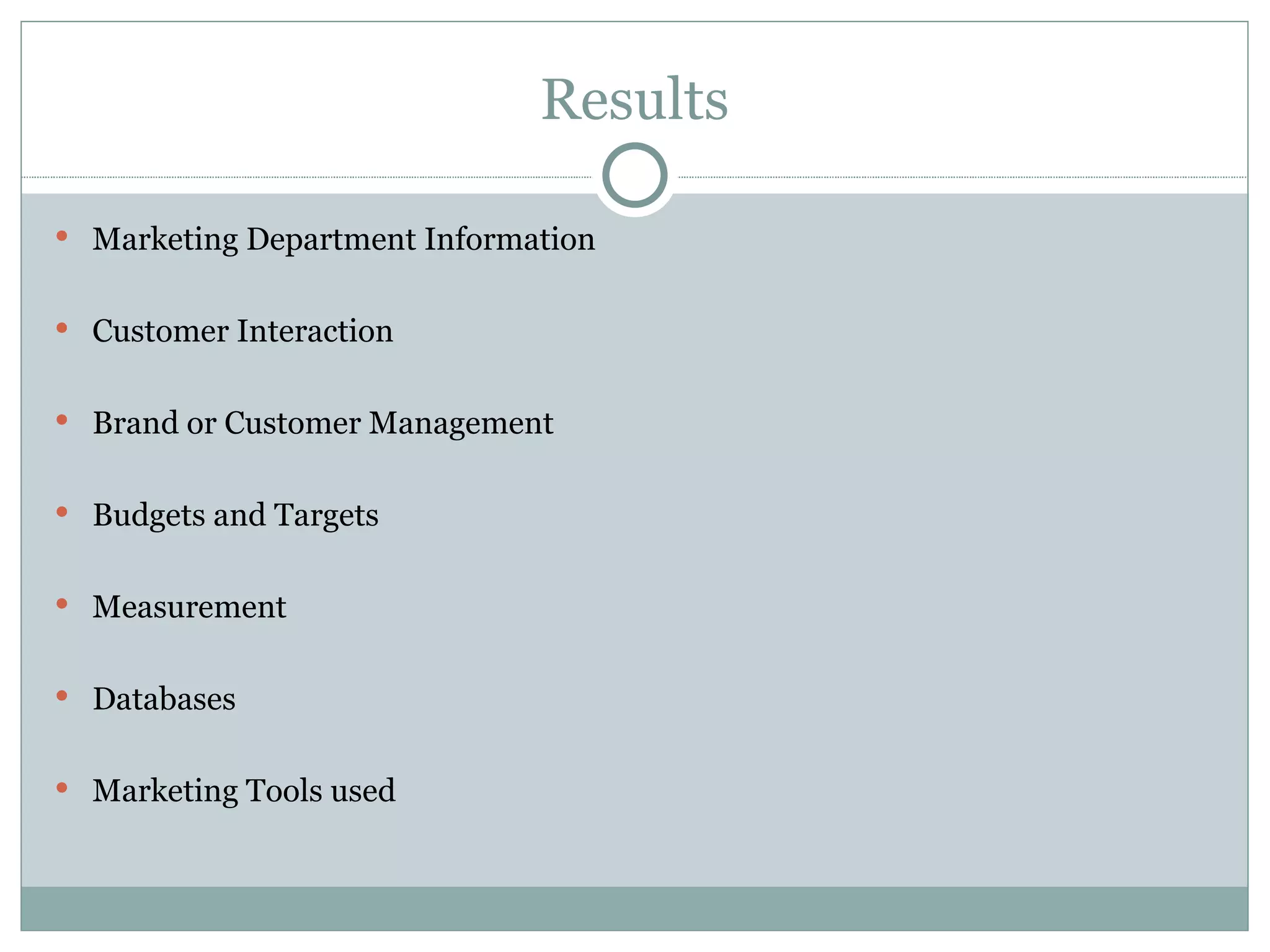 Results Marketing Department Information Customer Interaction Brand or Customer Management Budgets and Targets Measurement Databases Marketing Tools used 