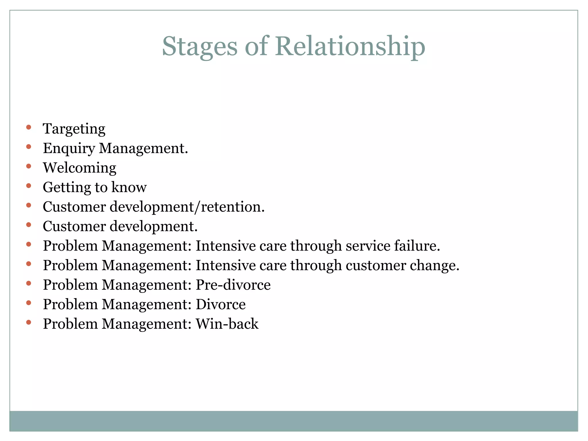 Stages of Relationship Targeting Enquiry Management. Welcoming Getting to know Customer development/retention. Customer development. Problem Management: Intensive care through service failure. Problem Management: Intensive care through customer change. Problem Management: Pre-divorce Problem Management: Divorce Problem Management: Win-back 