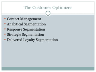 The Customer Optimizer Contact Management Analytical Segmentation Response Segmentation Strategic Segmentation Delivered Loyalty Segmentation 
