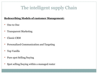 The intelligent supply Chain Redescribing Models of customer Management: One to One Transparent Marketing Classic CRM Personalized Communication and Targeting Top Vanilla Pure spot Selling/buying Spot selling/buying within a managed roster 