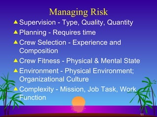 Managing Risk Supervision - Type, Quality, Quantity Planning - Requires time Crew Selection - Experience and Composition Crew Fitness - Physical & Mental State Environment - Physical Environment; Organizational Culture Complexity - Mission, Job Task, Work Function 