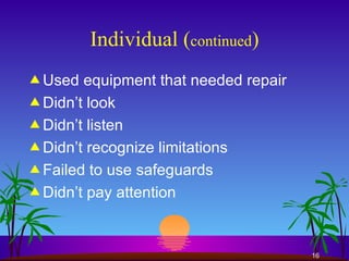 Individual ( continued ) Used equipment that needed repair  Didn’t look Didn’t listen Didn’t recognize limitations Failed to use safeguards Didn’t pay attention 