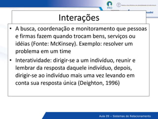 Interações A busca, coordenação e monitoramento que pessoas e firmas fazem quando trocam bens, serviços ou idéias (Fonte: McKinsey). Exemplo: resolver um problema em um time Interatividade: dirigir-se a um indivíduo, reunir e lembrar da resposta daquele indivíduo, depois, dirigir-se ao indivíduo mais uma vez levando em conta sua resposta única (Deighton, 1996) 