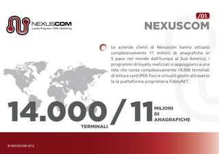 /01

                                   NEXUSCOM
                Le aziende clienti di Nexuscom hanno attivato
                complessivamente 11 milioni di anagrafiche in
                5 paesi nel mondo dall’Europa al Sud America; i
                programmi di loyalty realizzati si appoggiano a una
                rete che conta complessivamente 14.000 terminali
                di lettura card (POS fisici e virtuali) gestiti attraverso
                la la piattaforma proprietaria FidelyNET.




14.000 11
    TERMINALI
                                         MILIONI
                                         DI
                                         ANAGRAFICHE
 