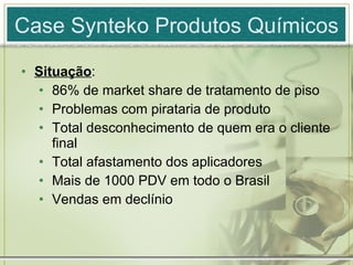 Case Synteko Produtos Químicos Situação : 86% de market share de tratamento de piso Problemas com pirataria de produto Total desconhecimento de quem era o cliente final Total afastamento dos aplicadores Mais de 1000 PDV em todo o Brasil Vendas em declínio 