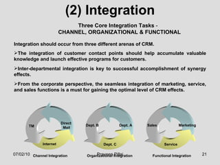 (2) Integration Integration should occur from three different arenas of CRM.  The integration of customer contact points should help accumulate valuable knowledge and launch effective programs for customers.  Inter-departmental integration is key to successful accomplishment of synergy effects.  From the corporate perspective, the seamless integration of marketing, service, and sales functions is a must for gaining the optimal level of CRM effects.  Three Core Integration Tasks  -  CHANNEL, ORGANIZATIONAL & FUNCTIONAL Channel Integration Organizational Integration Functional Integration 07/02/10 Praveen Pillai Direct  Mail TM Internet Dept. A Dept. B Dept. C Marketing Sales Service 