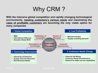 Why CRM ? 1. Global Competition <ul><li>Value for the Money </li></ul><ul><li>Customer Needs Diversification </li></ul><ul...