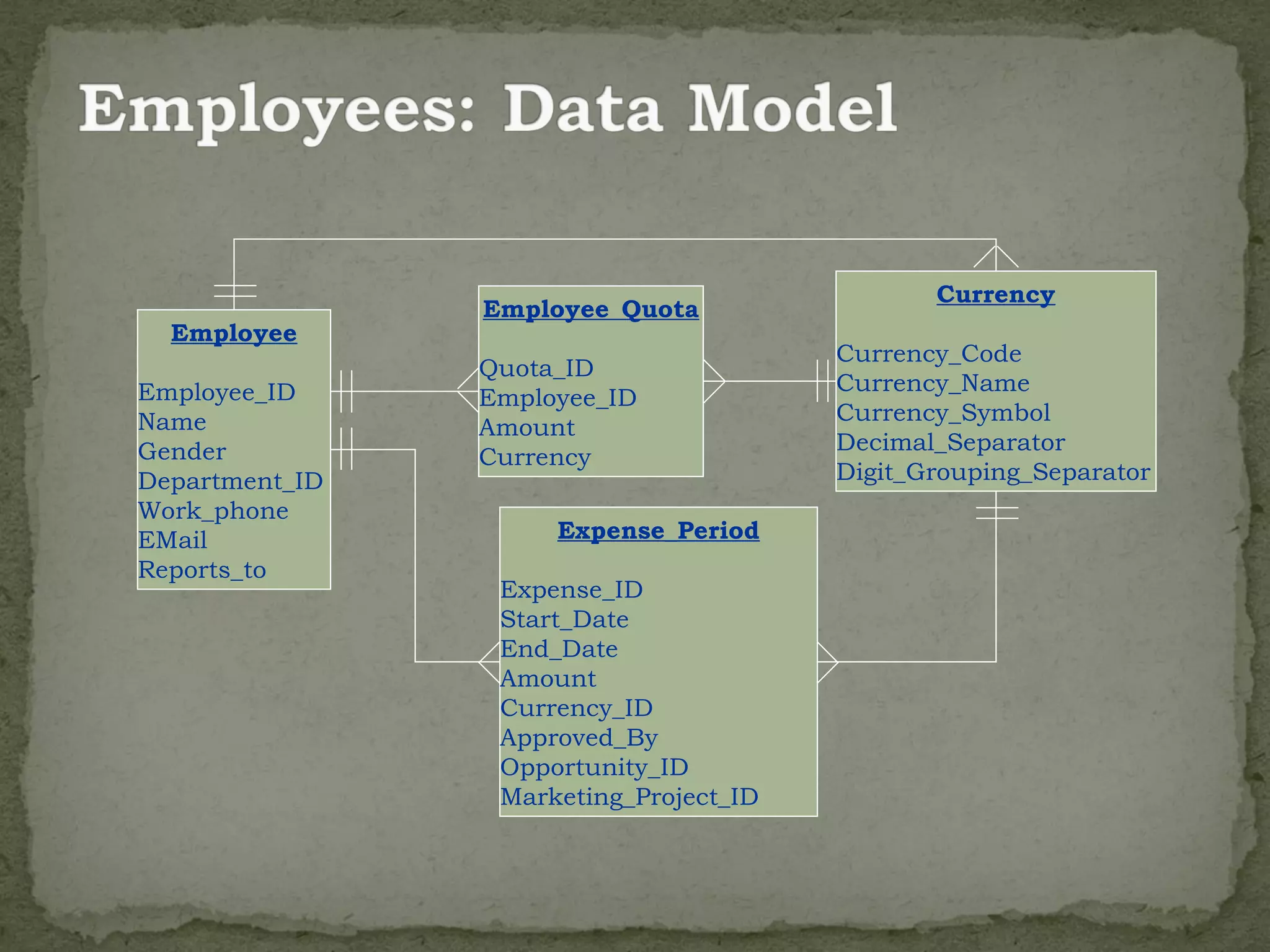 Currency
                Employee_Quota
  Employee
                                        Currency_Code
                Quota_ID
Employee_ID                             Currency_Name
                Employee_ID
Name                                    Currency_Symbol
                Amount
Gender                                  Decimal_Separator
                Currency
Department_ID                           Digit_Grouping_Separator
Work_phone
EMail                Expense_Period
Reports_to
                 Expense_ID
                 Start_Date
                 End_Date
                 Amount
                 Currency_ID
                 Approved_By
                 Opportunity_ID
                 Marketing_Project_ID
 